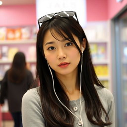 A beautiful Korean woman with long black hair partially covering her shoulders