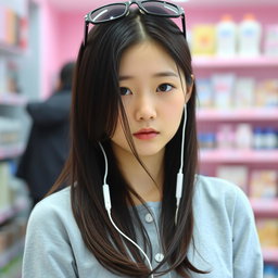 A beautiful Korean woman with long black hair partially covering her shoulders