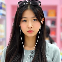 A beautiful Korean woman with long black hair covering part of her shoulders, wearing a light gray top with buttons at the front