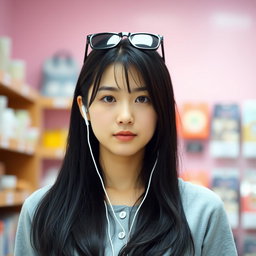 A beautiful Korean woman with long black hair covering part of her shoulders, wearing a light gray top with buttons at the front
