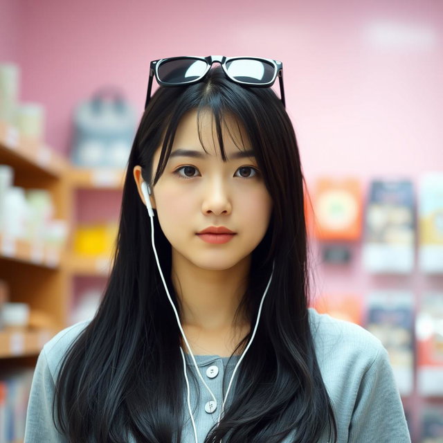 A beautiful Korean woman with long black hair covering part of her shoulders, wearing a light gray top with buttons at the front