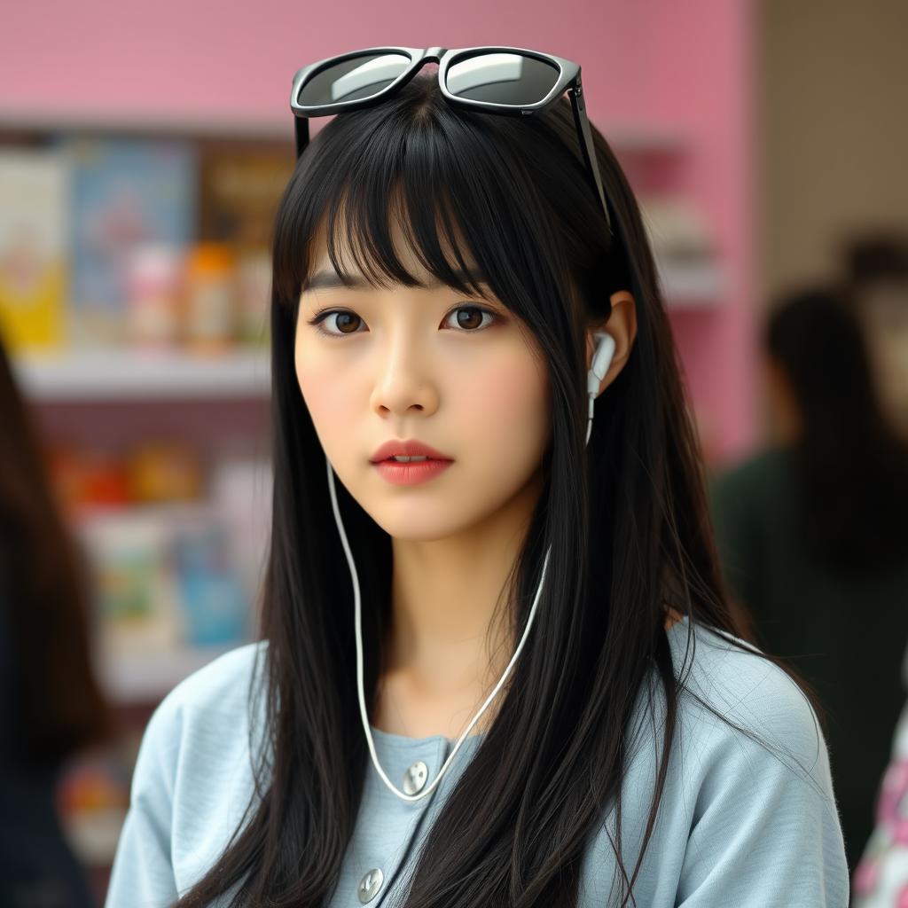 A beautiful Korean woman with long black hair covering part of her shoulders, wearing a light gray top with buttons at the front