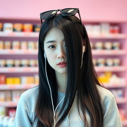 A beautiful Korean woman with long black hair covering part of her shoulders, wearing a light gray top with buttons at the front