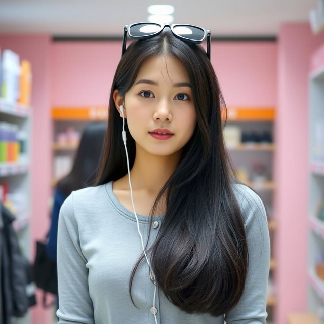 A beautiful Korean woman with long black hair partially covering her shoulders, wearing a light gray top with buttons down the front