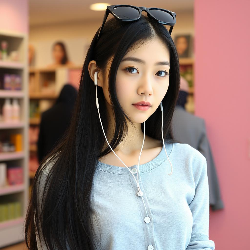 A beautiful Korean woman with long black hair partially covering her shoulders, wearing a light gray top with buttons down the front
