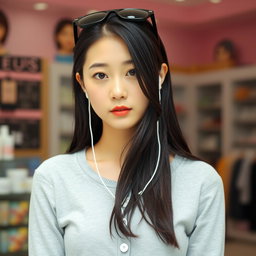 A beautiful Korean woman with long black hair partially covering her shoulders, wearing a light gray top with buttons down the front