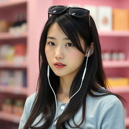 A beautiful Korean woman with long black hair cascading down partially over her shoulders, wearing a light gray top with buttons in the front