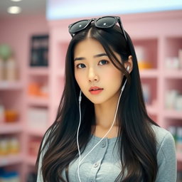 A beautiful Korean woman with long black hair cascading down partially over her shoulders, wearing a light gray top with buttons in the front