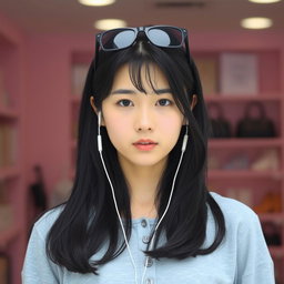 A beautiful Korean woman with long black hair cascading down partially over her shoulders, wearing a light gray top with buttons in the front