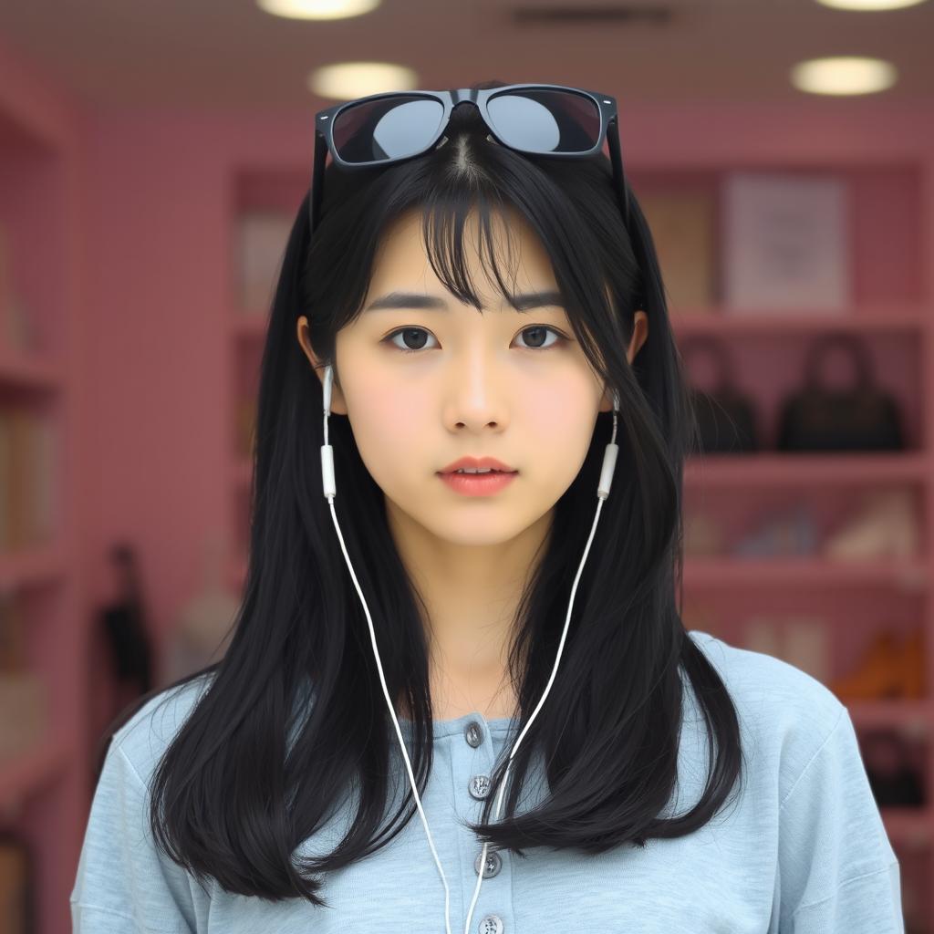 A beautiful Korean woman with long black hair cascading down partially over her shoulders, wearing a light gray top with buttons in the front