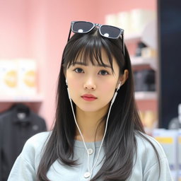 A beautiful Korean woman with long black hair cascading down partially over her shoulders, wearing a light gray top with buttons in the front