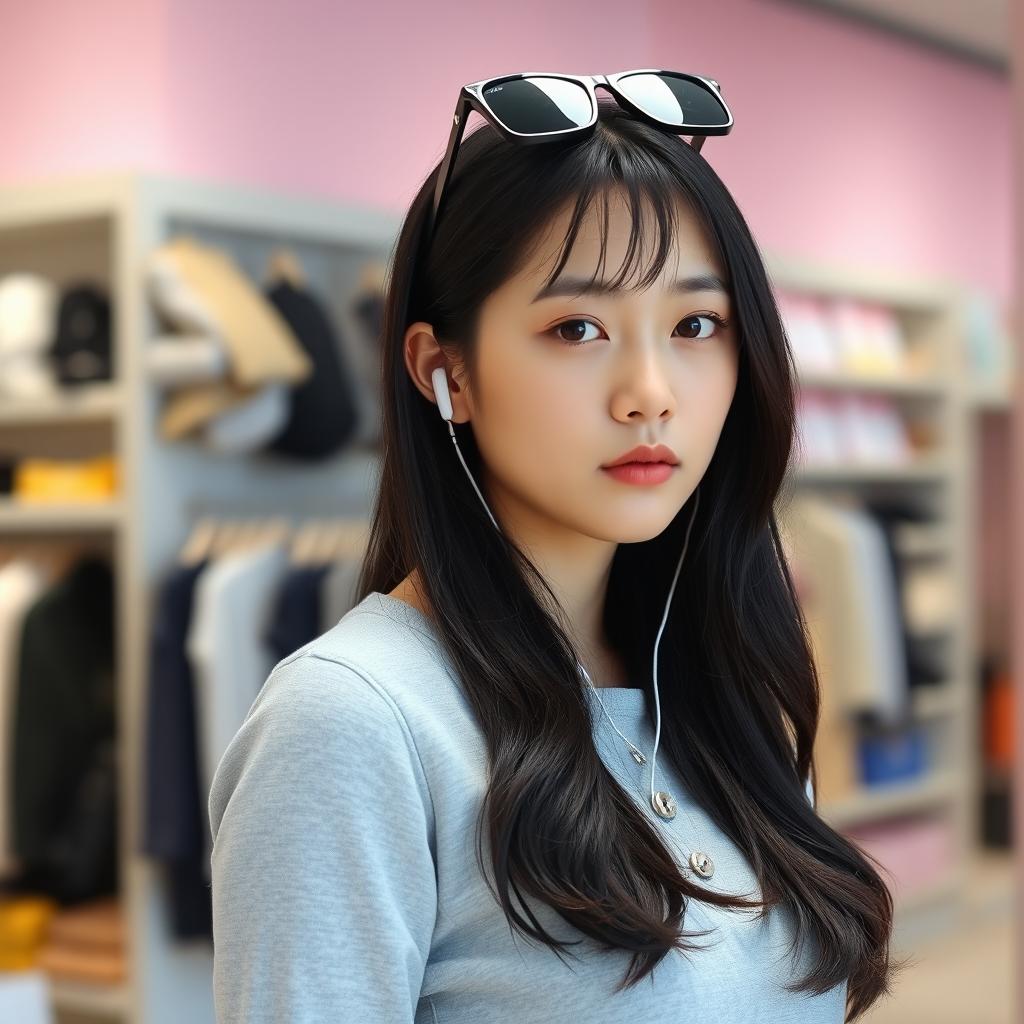 A beautiful Korean woman with long black hair cascading over her shoulders, wearing a light gray top with buttons in the front