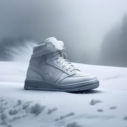 Concept sneaker in all white, dramatically posed on a snow-covered hill during a snowstorm, shot in ultra-detailed fashion editorial style.