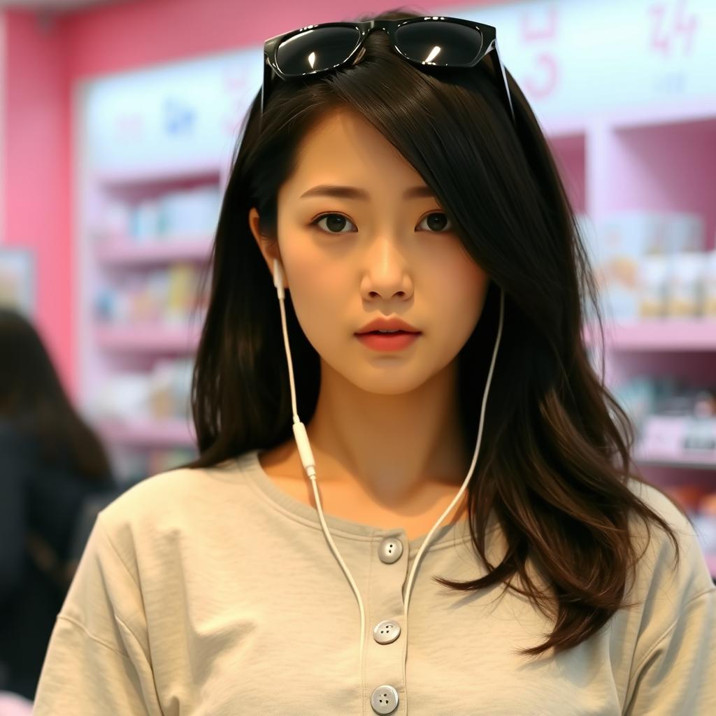 A beautiful Korean woman with long black hair partially covering her shoulders