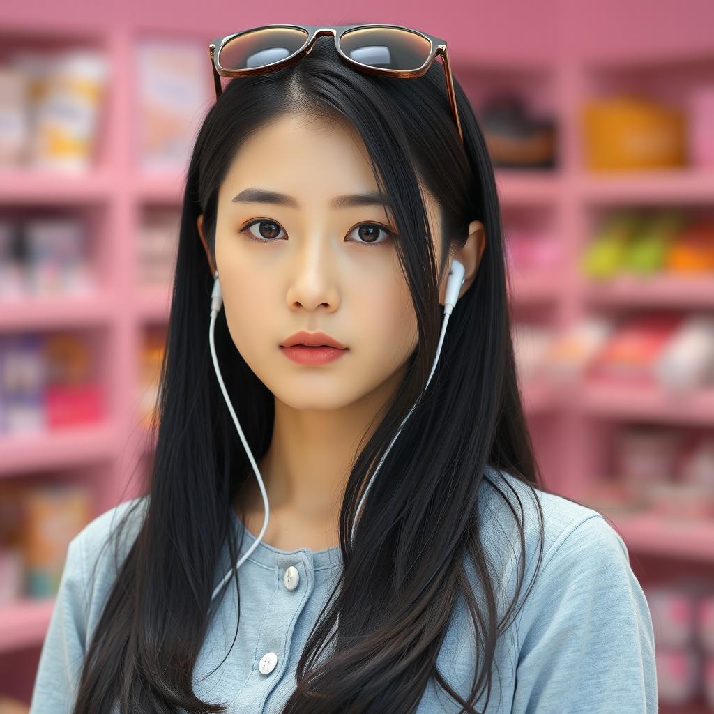 A beautiful Korean woman with long black hair that partially covers her shoulders, wearing a light gray top with buttons in the front