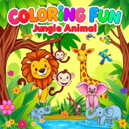 A vibrant and playful cover design for a children's coloring e-book featuring various adorable animals