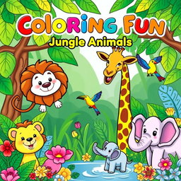 A vibrant and playful cover design for a children's coloring e-book featuring various adorable animals