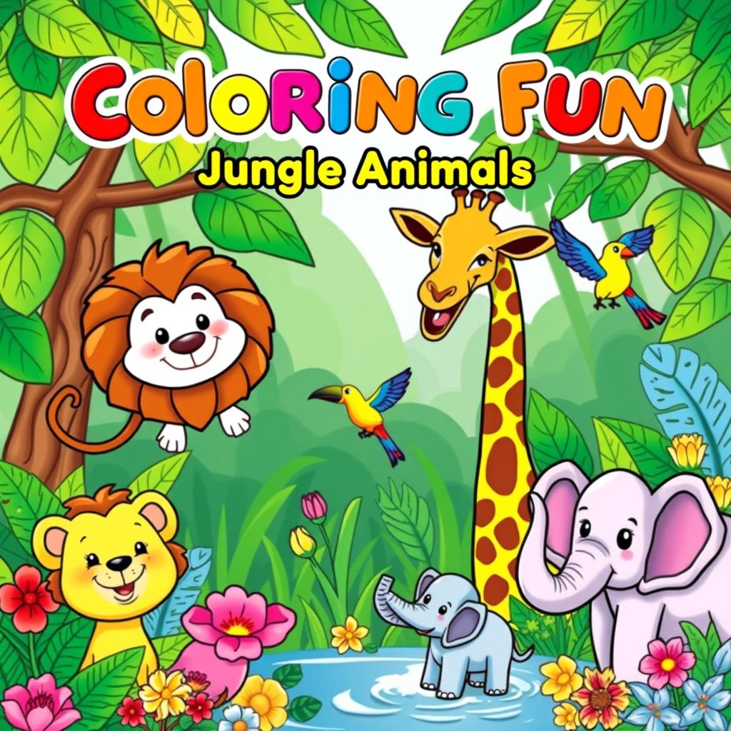A vibrant and playful cover design for a children's coloring e-book featuring various adorable animals