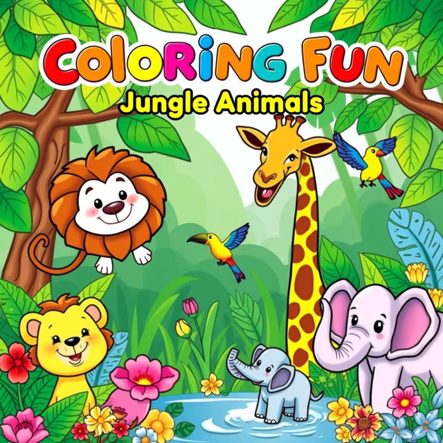 A vibrant and playful cover design for a children's coloring e-book featuring various adorable animals