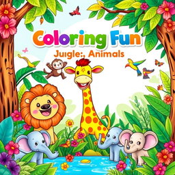 A vibrant and playful cover design for a children's coloring e-book featuring various adorable animals