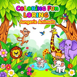 A vibrant and playful cover design for a children's coloring e-book featuring various adorable animals