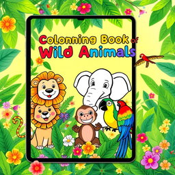 A vibrant and engaging e-book cover designed for a children's coloring book focused on wild animals