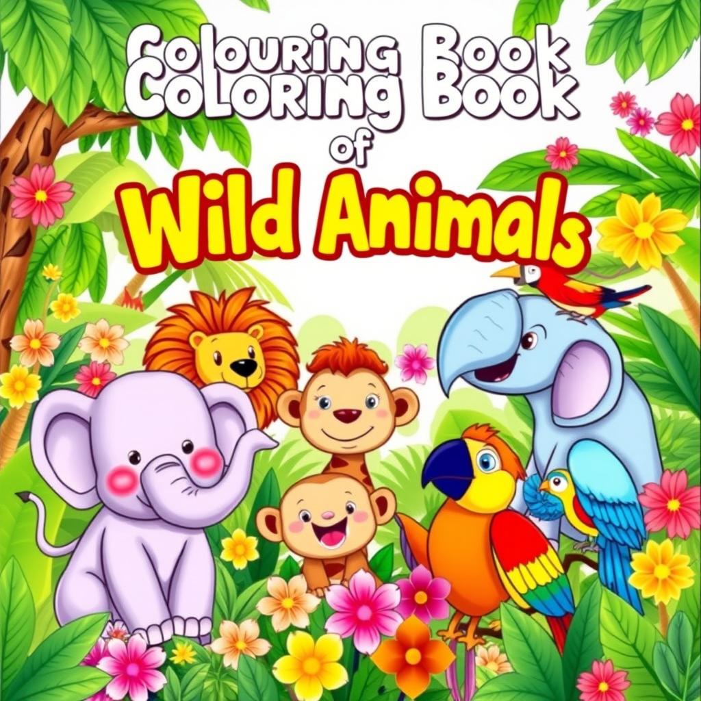 A vibrant and engaging e-book cover designed for a children's coloring book focused on wild animals