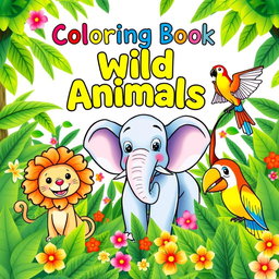 A vibrant and engaging e-book cover designed for a children's coloring book focused on wild animals