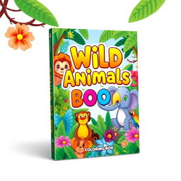 A vibrant and colorful e-book cover design for a children's coloring book featuring a wild animals theme