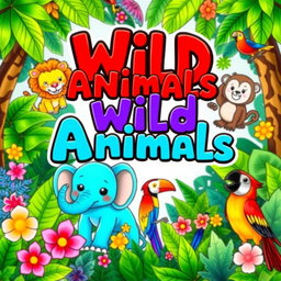 A vibrant and colorful e-book cover design for a children's coloring book featuring a wild animals theme