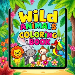A vibrant and colorful e-book cover design for a children's coloring book featuring a wild animals theme