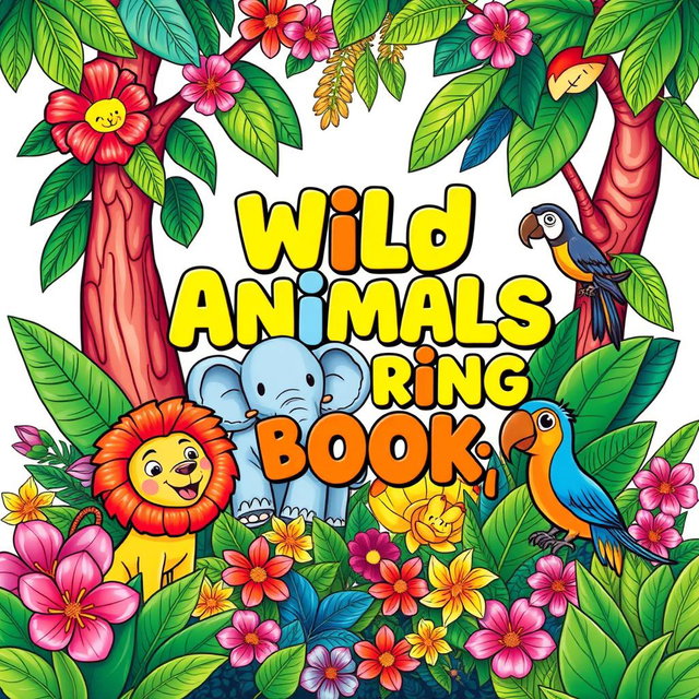 A vibrant and colorful e-book cover design for a children's coloring book featuring a wild animals theme
