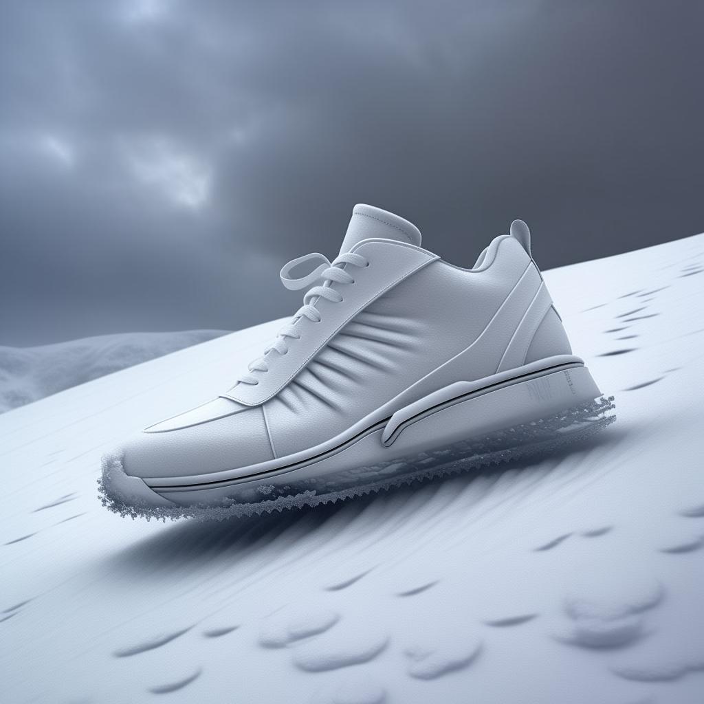 Concept sneaker in all white, dramatically posed on a snow-covered hill during a snowstorm, shot in ultra-detailed fashion editorial style.