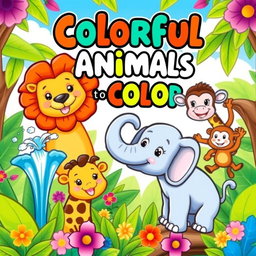 A vibrant and playful e-book cover design for a children's coloring book featuring an array of adorable animals