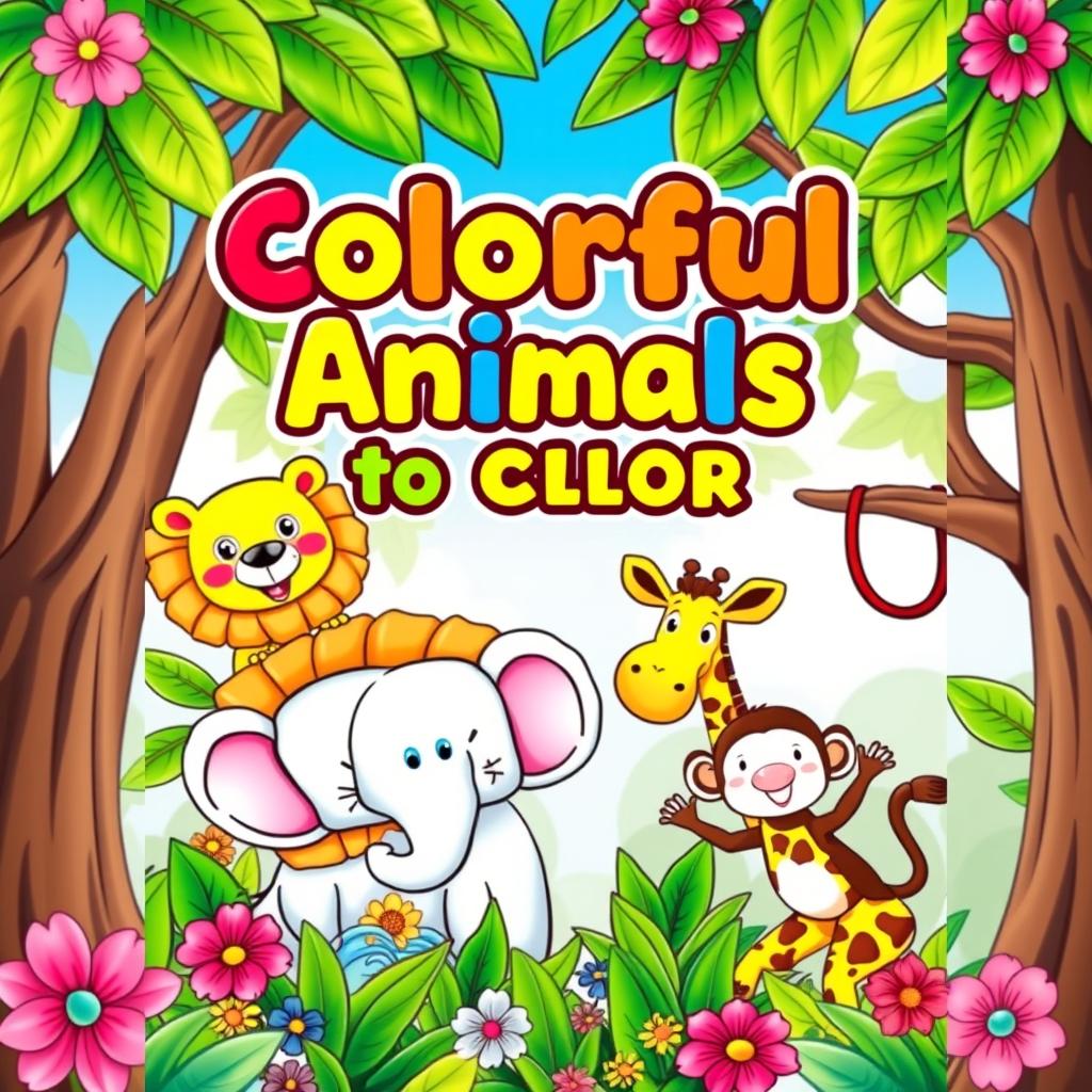 A vibrant and playful e-book cover design for a children's coloring book featuring an array of adorable animals