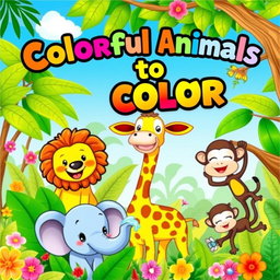 A vibrant and playful e-book cover design for a children's coloring book featuring an array of adorable animals