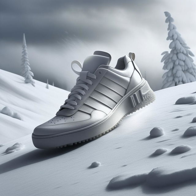 Concept sneaker in all white, dramatically posed on a snow-covered hill during a snowstorm, shot in ultra-detailed fashion editorial style.