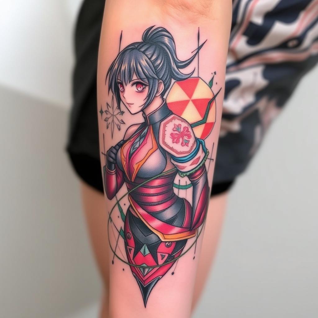 A stunning tattoo design on the left forearm featuring Shiki Fujin from the anime, showcasing an intricate blend of geometric patterns and flowing lines