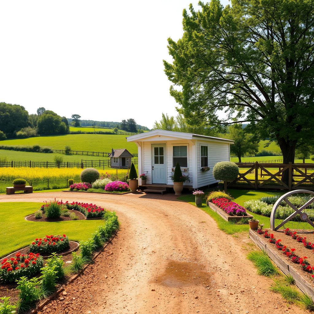 A picturesque small farm scene featuring a welcoming landscape with lush greenery, vibrant flowers, and cultivated patches of land