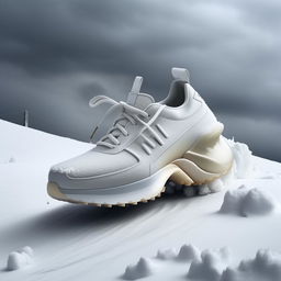 Concept sneaker in all white, dramatically posed on a snow-covered hill during a snowstorm, shot in ultra-detailed fashion editorial style.