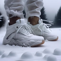 Close-up editorial photo showcasing avant-garde, all-white sneakers amid a swirling snowstorm, imbued with a moody atmosphere.