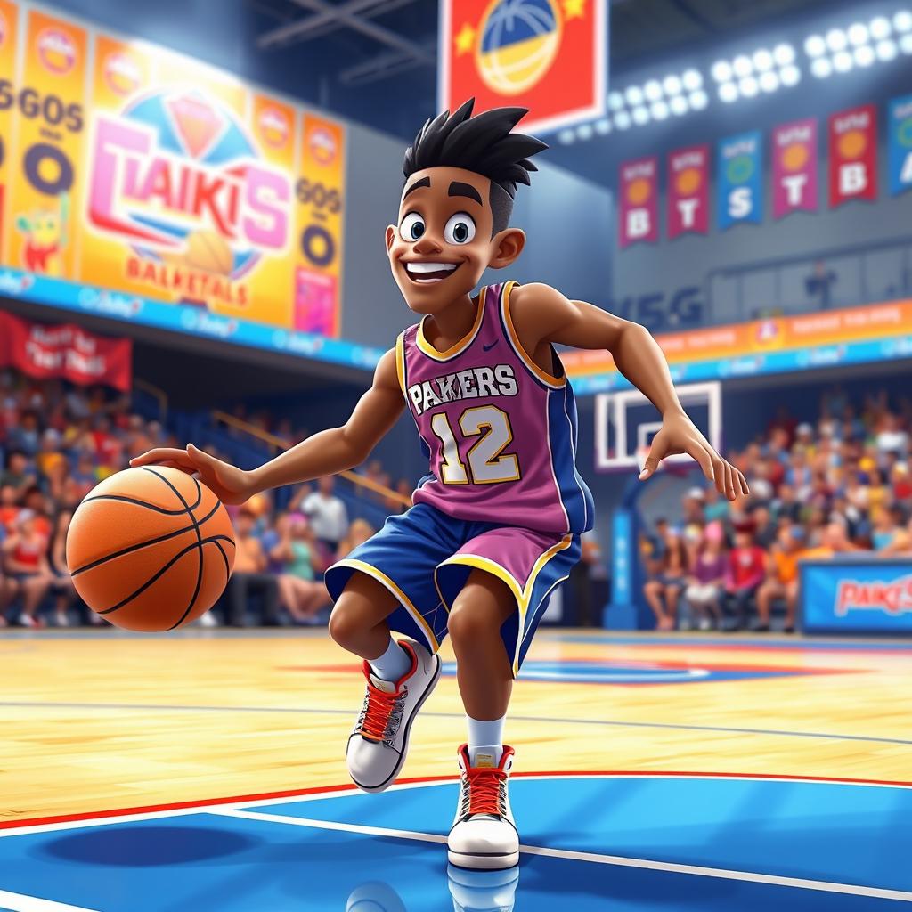 An animated character wearing a basketball jersey featuring the number 12