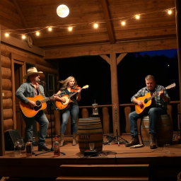 A country band performing on a rustic wooden porch at night, illuminated by soft warm lights strung above