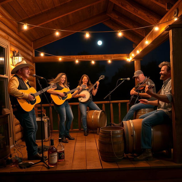 A country band performing on a rustic wooden porch at night, illuminated by soft warm lights strung above