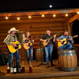 A country band performing on a rustic wooden porch at night, illuminated by soft warm lights strung above