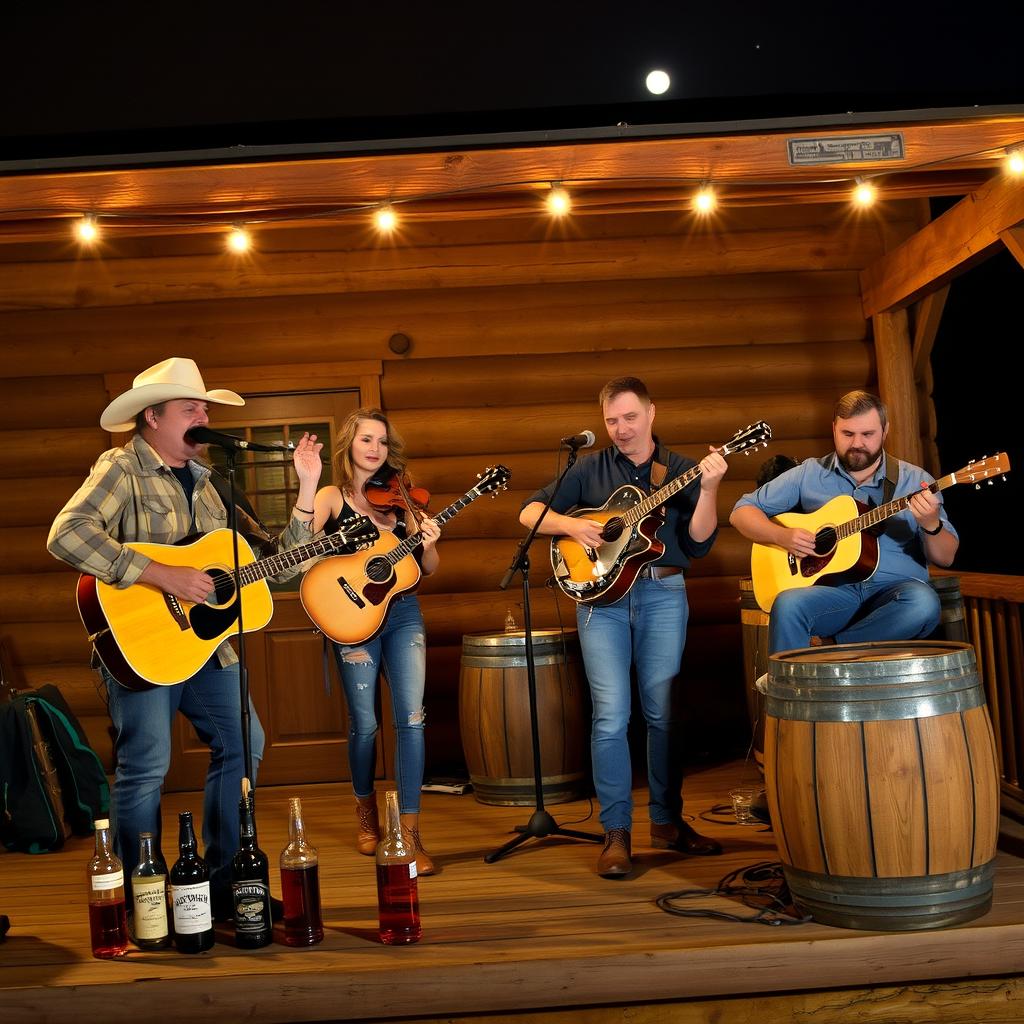 A country band performing on a rustic wooden porch at night, illuminated by soft warm lights strung above