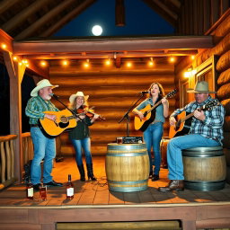 A country band performing on a rustic wooden porch at night, illuminated by soft warm lights strung above
