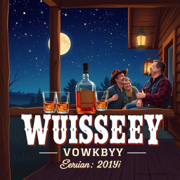 A vibrant 2D illustration for a country band album cover, featuring a rustic wooden porch under the twinkling stars at night