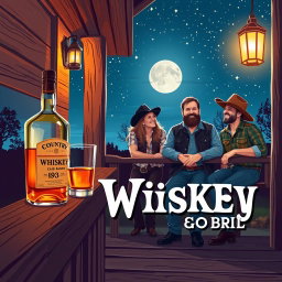 A vibrant 2D illustration for a country band album cover, featuring a rustic wooden porch under the twinkling stars at night
