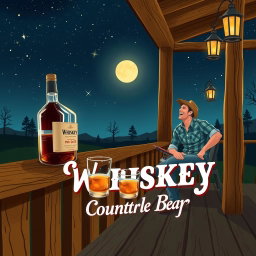 A vibrant 2D illustration for a country band album cover, featuring a rustic wooden porch under the twinkling stars at night